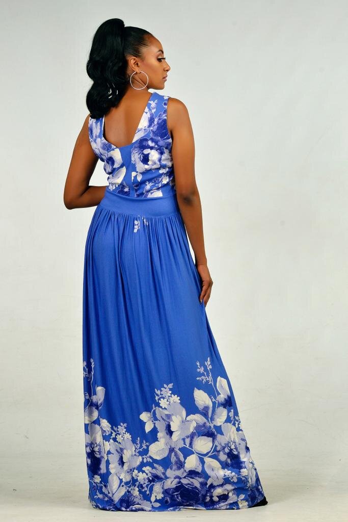 Blue stretch jersey maxi dress with floral print